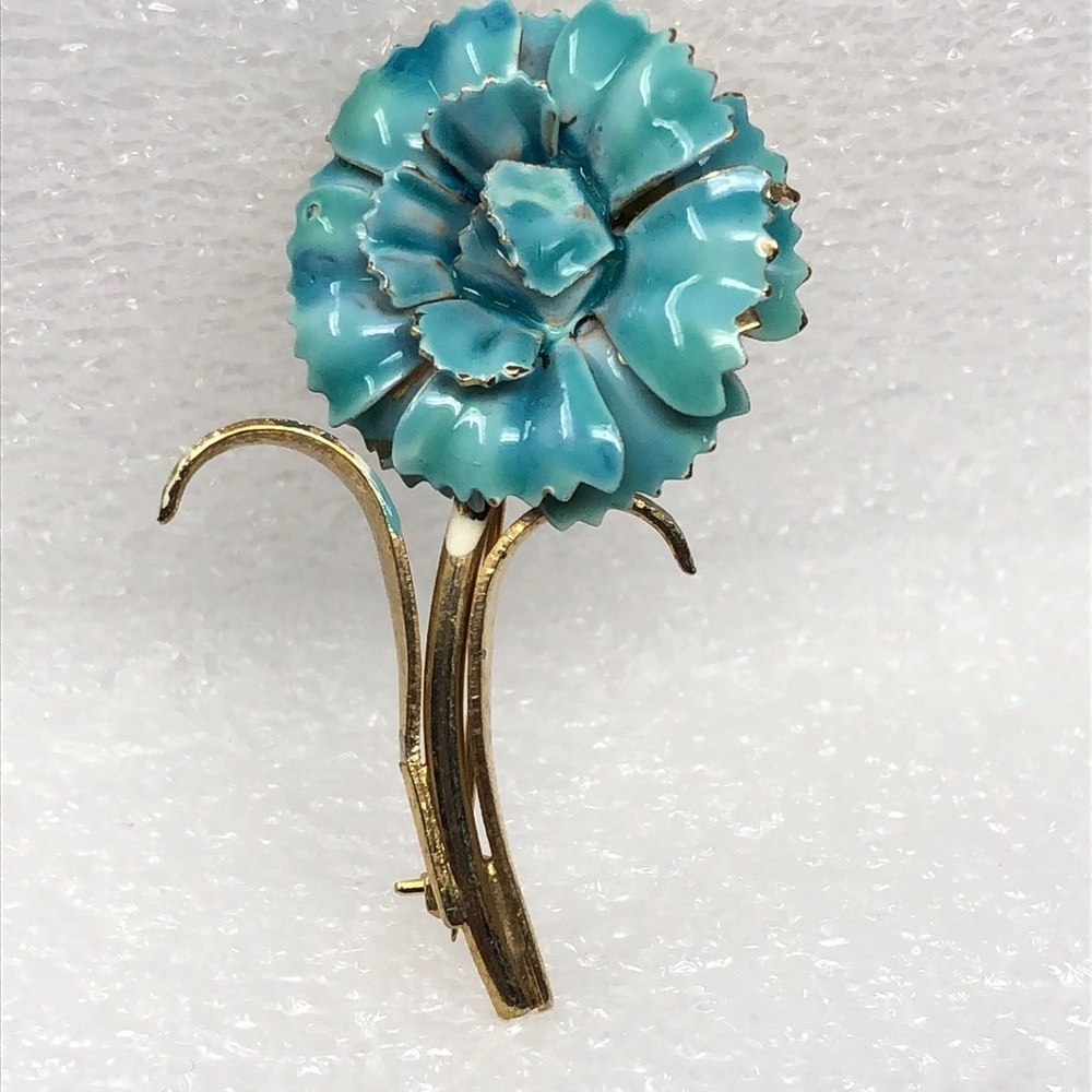 Vintage Brooch Blue & Gold Tone Carnation Flower